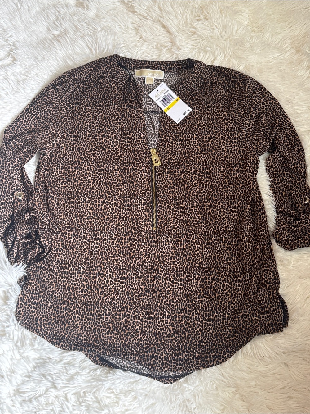 MICHAEL Michael Kors Leopard-Print Brown Zip Front Blouse